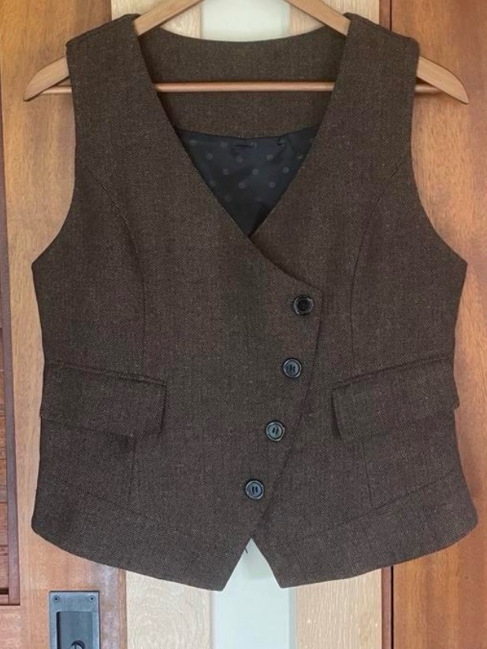 Asymmetrical Button Tweed Suit Vest Wool Blend Brown Medium